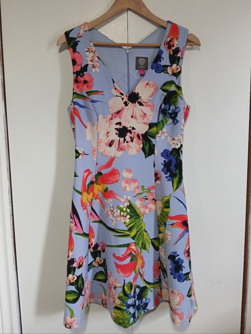 Vince Camuto Scuba Fit & Flare Dress Floral Tropical Periwinkle Blue Size 12